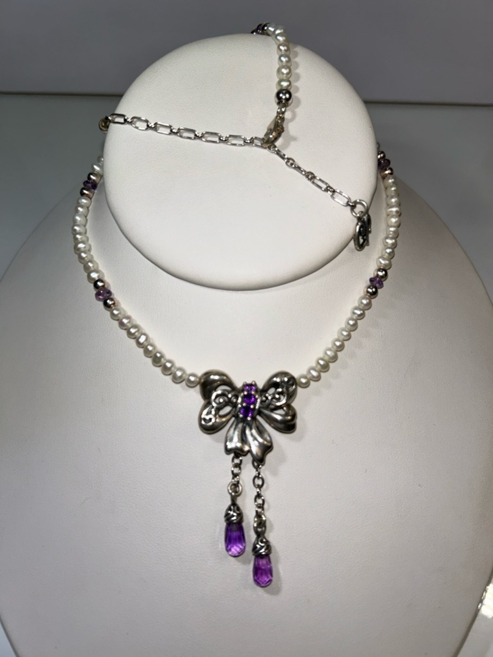 NWOT Carolyn Pollack Sterling Silver Genuine Amethyst & Pearl Designer Necklace - Picture 4 of 9